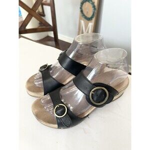 DANSKO Sophie Fit 37 6.5 7 Black Leather Slip On Double Buckle Wooden Sandals